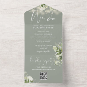 We Do Greenery Lights QR Code Sage Green Wedding All In One Invitation