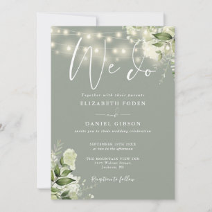 We Do Greenery Lights QR Code Sage Green Wedding Invitation