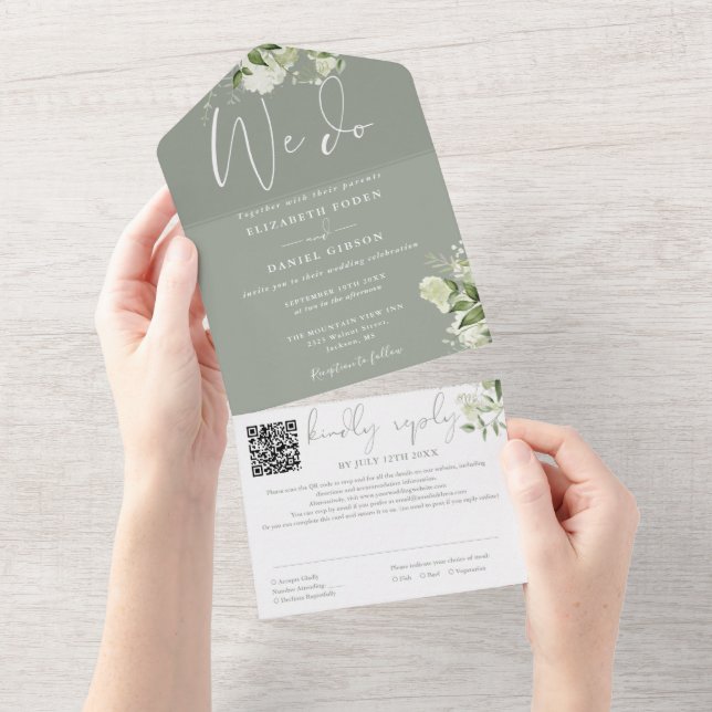 We Do Greenery Monogram QR Code Sage Green Wedding All In One Invitation (Tearaway)