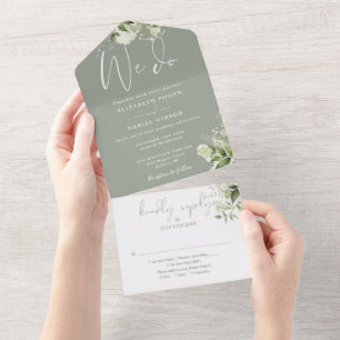 We Do Greenery Monogram Sage Green Wedding All In One Invitation