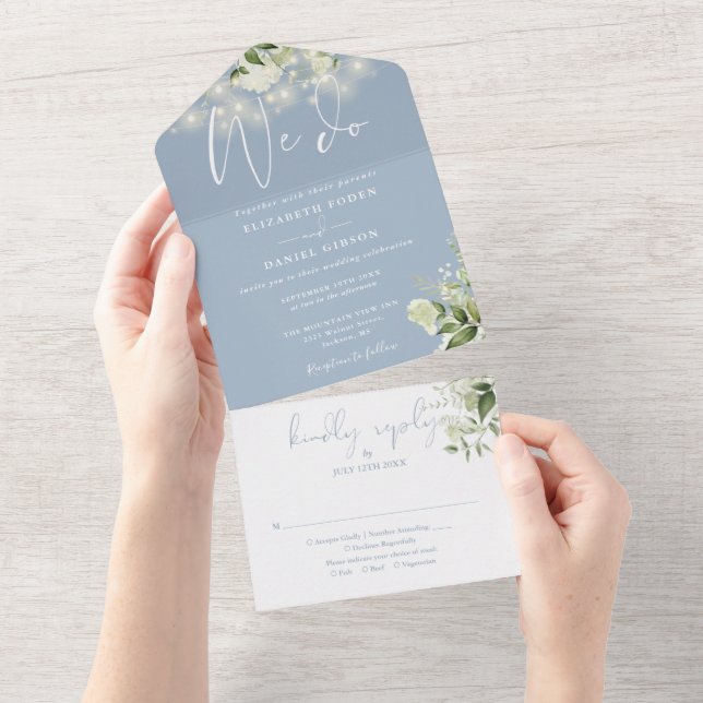 We Do Greenery String Lights Dusty Blue Wedding All In One Invitation (Tearaway)