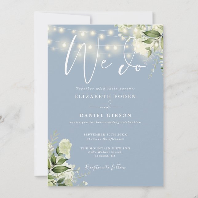 We Do Greenery String Lights Dusty Blue Wedding Invitation (Front)