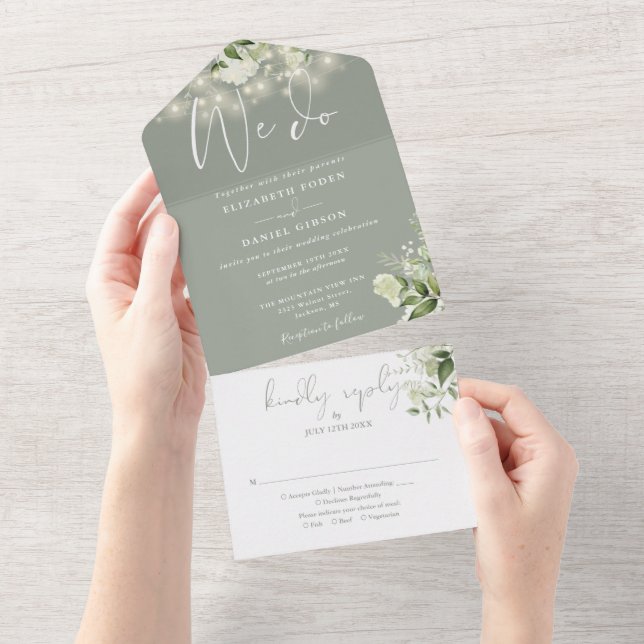 We Do Greenery String Lights Sage Green Wedding All In One Invitation (Tearaway)