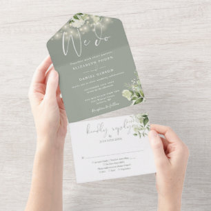 We Do Greenery String Lights Sage Green Wedding All In One Invitation