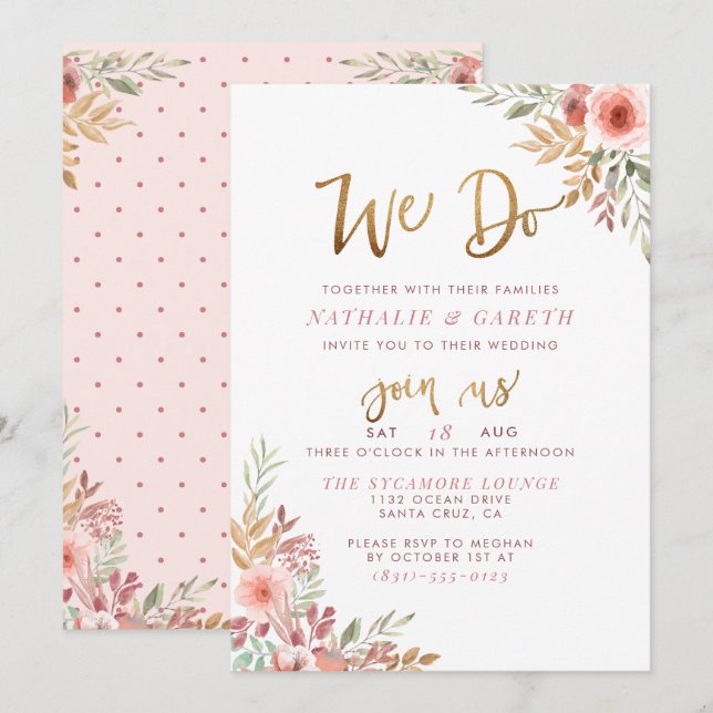 We Do | Hand-Lettered Script & Cute Roses Wedding Invitation (Front/Back)