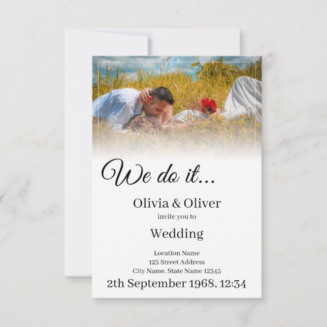 We do it - Kissing Couple on a Meadow RSVP Card (Front)