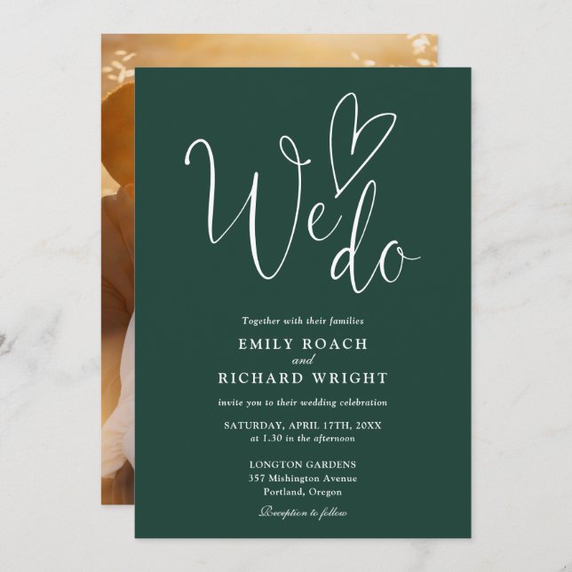 We Do Love Heart Photo Emerald Green Wedding Invitation (Front/Back)
