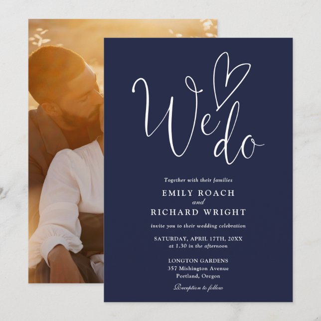 We Do Love Heart Photo Navy Blue Wedding Invitation (Front/Back)