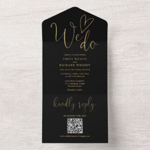 We Do Love Heart QR Code Black And Gold Wedding All In One Invitation