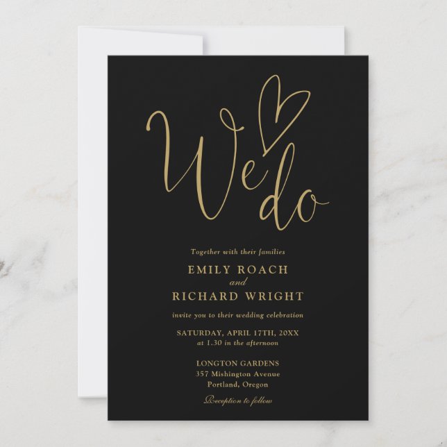 We Do Love Heart QR Code Black And Gold Wedding Invitation (Front)