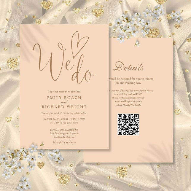 We Do Love Heart QR Code Soft Peach Wedding Invitation (We Do Love Heart QR Code Soft Peach Wedding Invitation)
