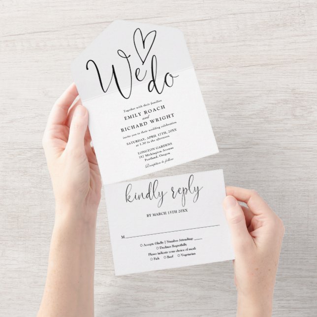 We Do Love Heart Script Black And White Wedding All In One Invitation (Tearaway)