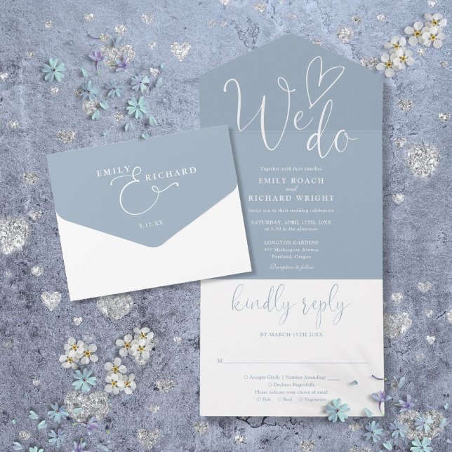 We Do Love Heart Script Dusty Blue Wedding All In One Invitation (We Do Love Heart Script Dusty Blue Wedding All In One Invitation)