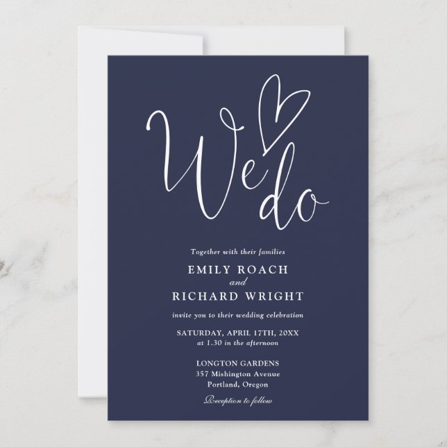 We Do Love Heart Script Navy Blue Wedding Invitation (Front)