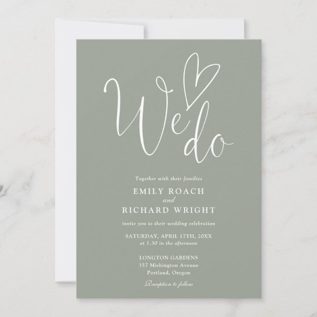 We Do Love Heart Script Sage Green Wedding Invitation (Front)