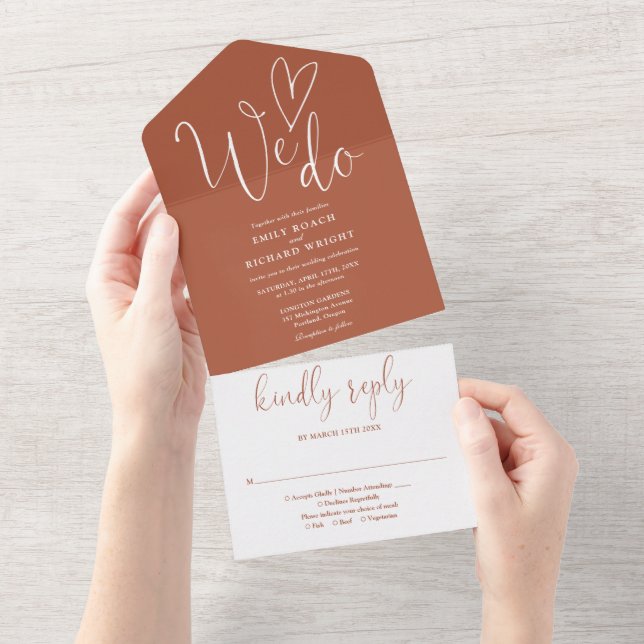 We Do Love Heart Script Terracotta Wedding All In One Invitation (Tearaway)