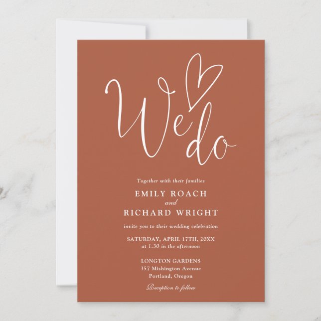 We Do Love Heart Script Terracotta Wedding Invitation (Front)