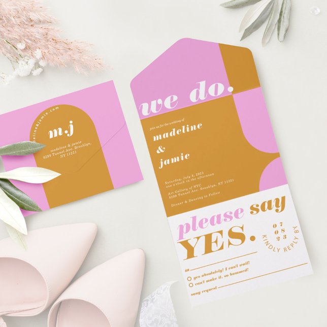 We Do Modern Bold Pink & Yellow Retro Abstract All In One Invitation (Creator Uploaded)