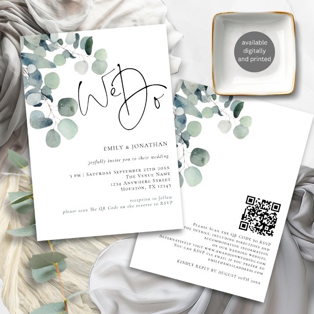 We Do Modern Eucalyptus QR Code Wedding Invitation (Front and back view)
