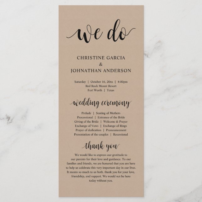 We Do, Modern Wedding Ceremony, Brown Kraft Programme (Front)