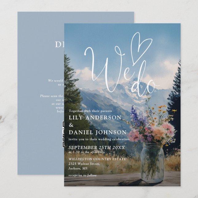 We Do Mountain Floral Mason Jar QR Code Wedding Invitation (Front/Back)