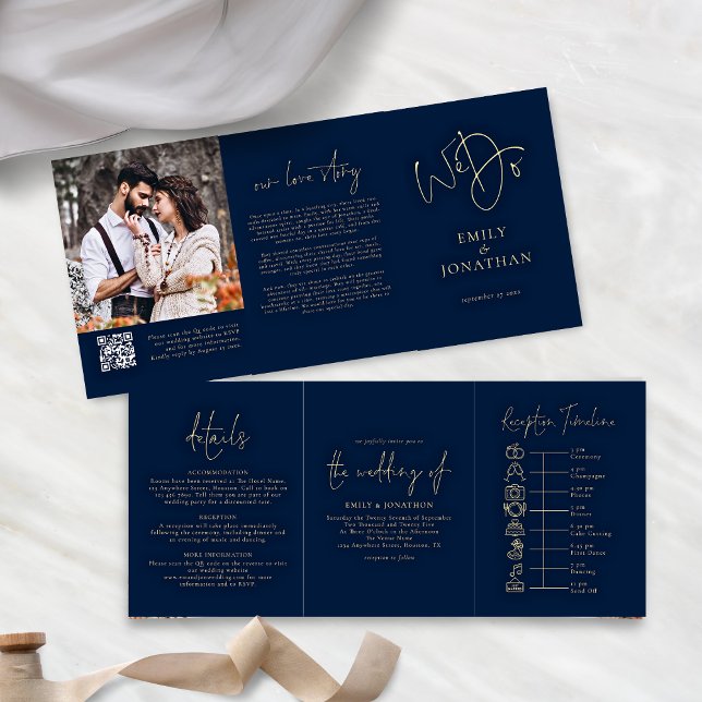 We Do Navy and Gold Photo QR Code Timeline Wedding Tri-Fold Invitation (Front and back view)