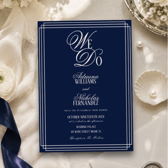 We Do Navy Blue Old Money Wedding Invitation (Creator Uploaded)