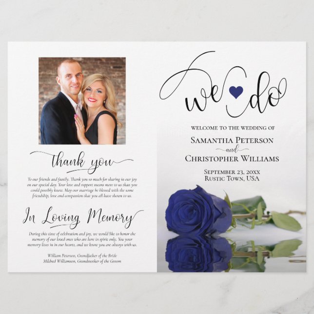 We Do! Navy Blue Rose Modern Wedding Program (Front)