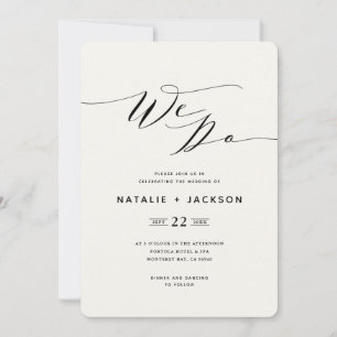 We Do navy blue script text elegant wedding invite