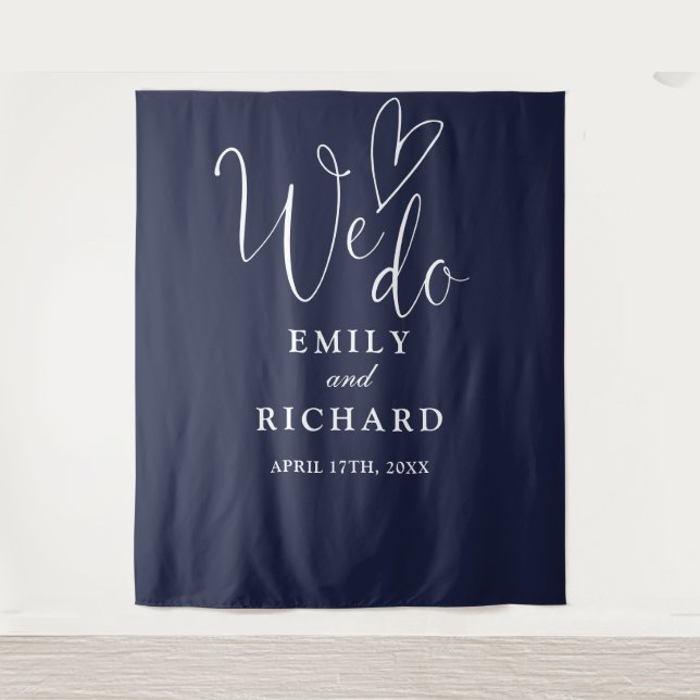 We Do Navy Blue Wedding Photo Backdrop Tapestry (Front)