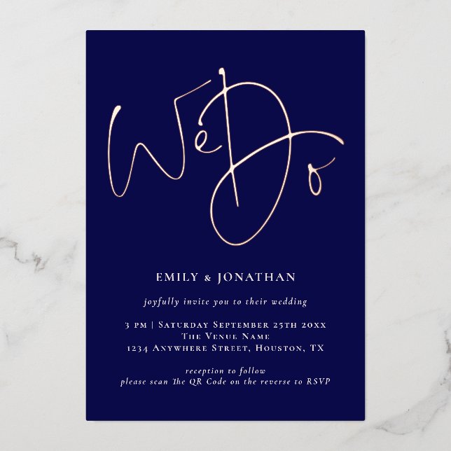 We Do Navy QR Code Rose Gold Real Foil Wedding (Front)