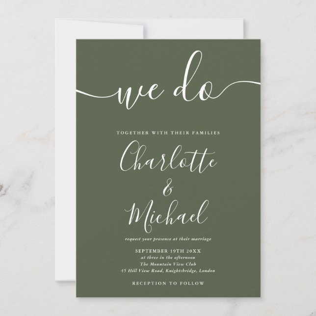 We Do Olive Green Signature Script Wedding Invitation (Front)