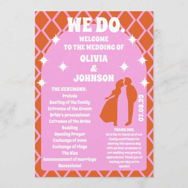 We Do Orange Retro Boho Wedding Order of Service Programme (Front)