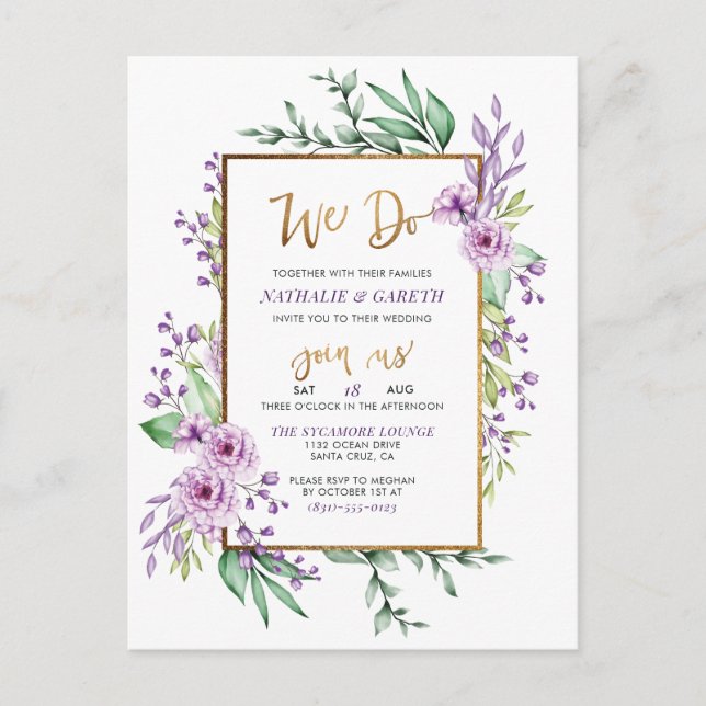 We Do Pastel Purple & Gold Glitter Script Wedding Invitation Postcard (Front)