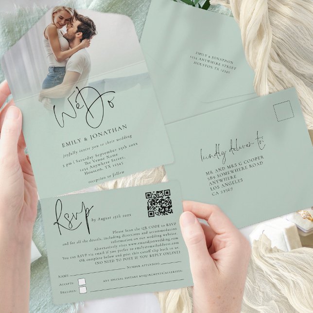 We Do Photo Overlay QR Code Sage Script Wedding All In One Invitation (All in One Invite with optional your recipients' name and address. No envelope required.)