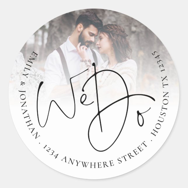 We Do Photo Return Address Wedding Classic Round Sticker (Front)