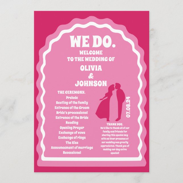 We Do Pink Retro Arch Wedding Order of Service Programme (Front)
