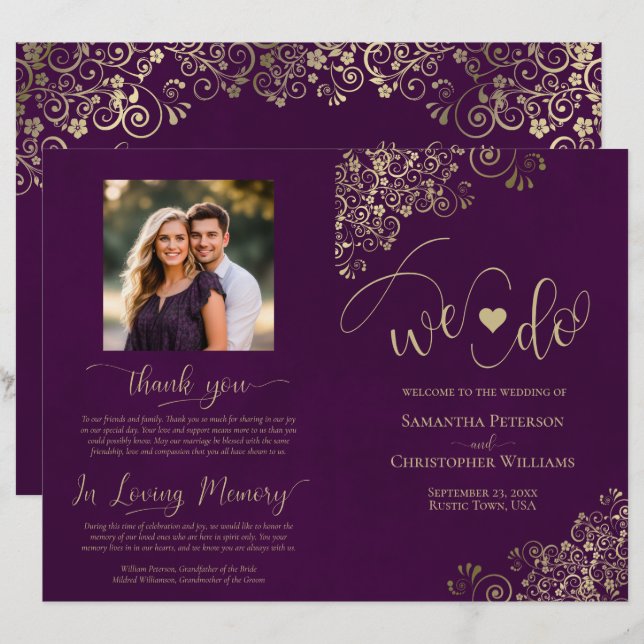 We Do! Plum Purple & Gold DIY Fold Wedding Program (Front/Back)