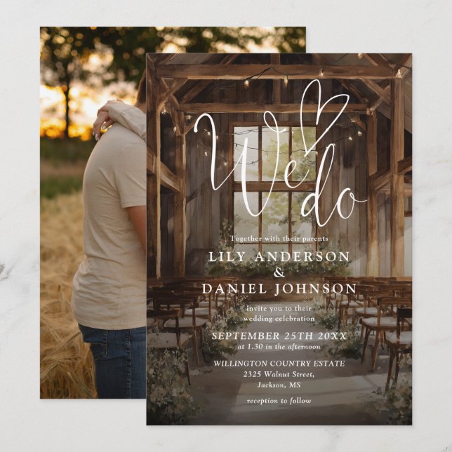 We Do Rustic Boho Barn String Lights Wedding Photo Invitation (Front/Back)