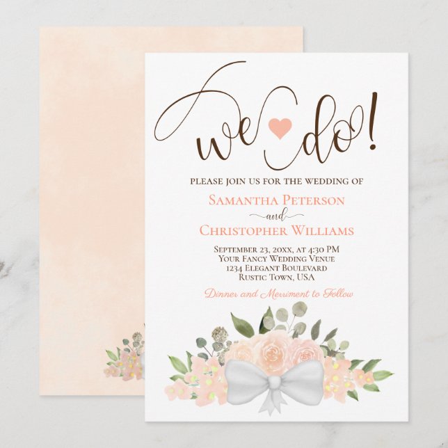 We Do Rustic Coral Peach Roses Boho Floral Wedding Invitation (Front/Back)