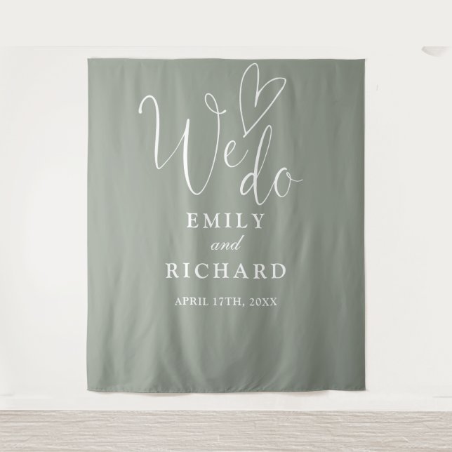 We Do Sage Green Wedding Photo Backdrop Tapestry (Front)