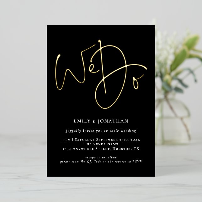 We Do Script Black QR Code Gold Real Foil Wedding (Standing Front)