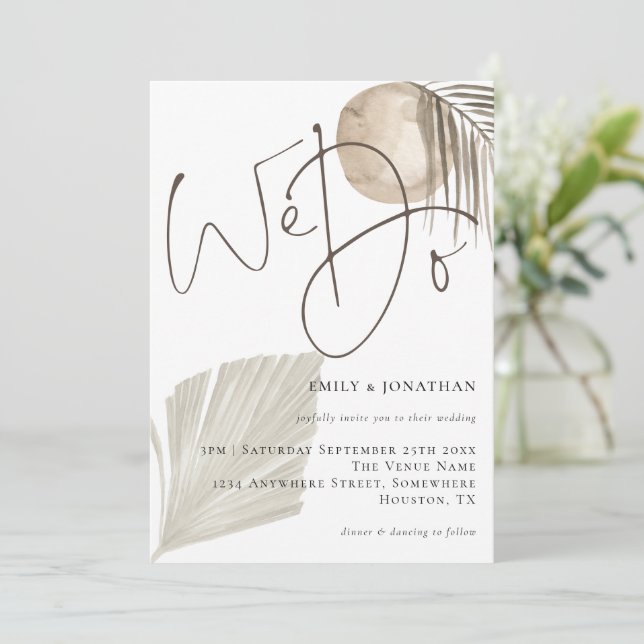 We Do Script Boho Pampas Grass Wedding Invitation (Standing Front)