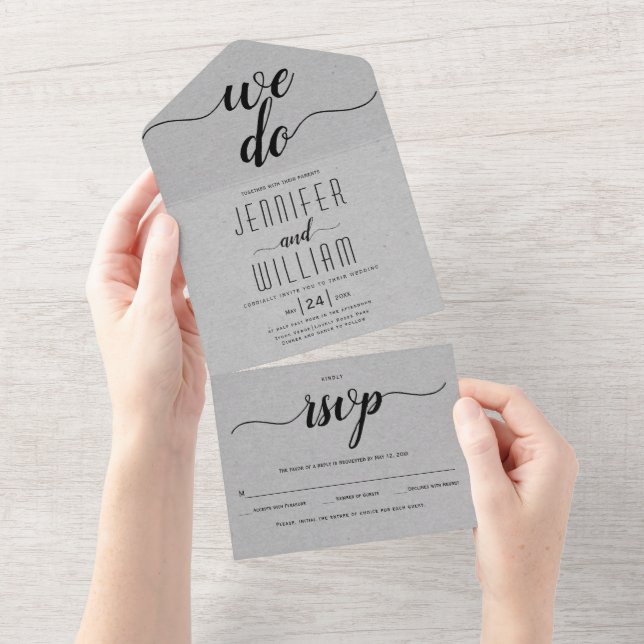 "We do" script calligraphy grey kraft weddin All In One Invitation (Tearaway)