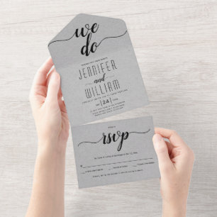 "We do" script calligraphy grey kraft weddin All In One Invitation