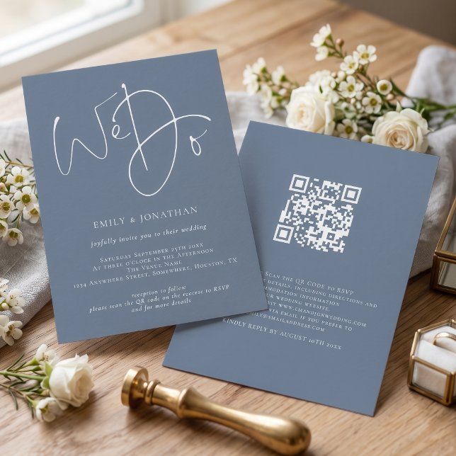 We Do Script Dusty Blue White QR Wedding Invitation (Creator Uploaded)