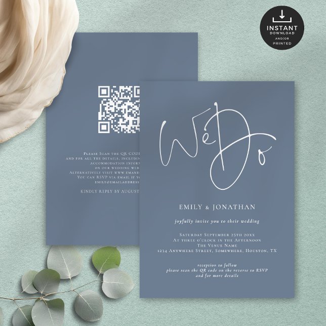 We Do Script Dusty Blue White QR Wedding Invitation (Front and back view)