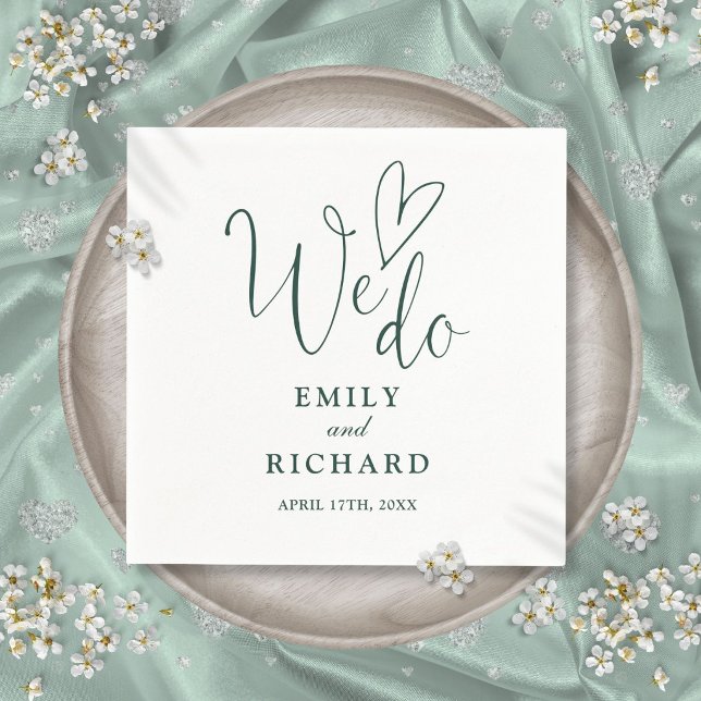 We Do Script Love Heart Emerald Green Wedding Napkin (We Do Script Love Heart Emerald Green Wedding Napkins)