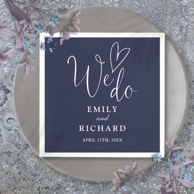 We Do Script Love Heart Navy Blue Wedding Napkin (We Do Script Love Heart Navy Blue Wedding Napkins)