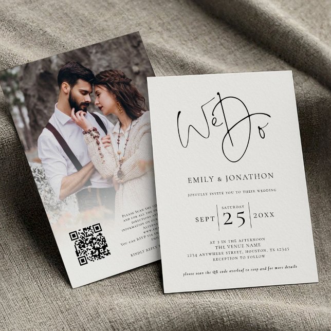 We Do Script Photo Overlay QR Black White Wedding Invitation (front and back view)